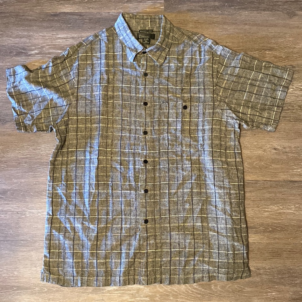 Marc Edwards Linen Blend Grey Plaid Short Sleeve Button Down Shirt Size XL